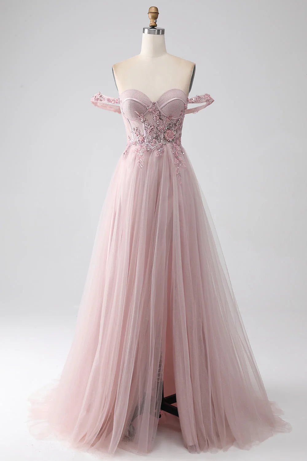 Vestido de fiesta con hombros descubiertos, corte A, cuentas y abertura